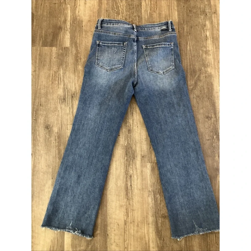 Risen Jeans Womens 11/30 Button Fly Wide Leg Frayed Hem Distressed Denim Blue